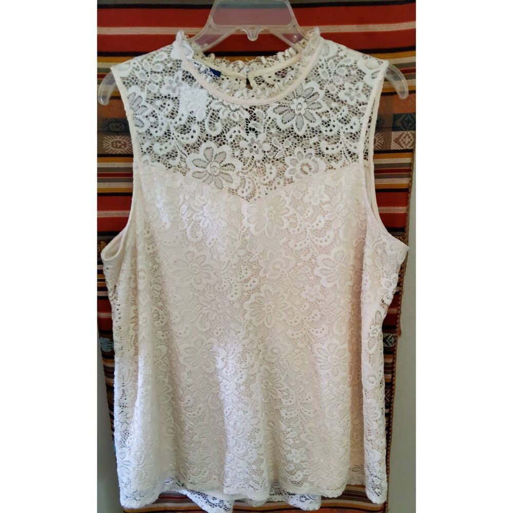 T24 Apt 9 cream lace sleeveless blouse - ruffled round neck, back kehole closure